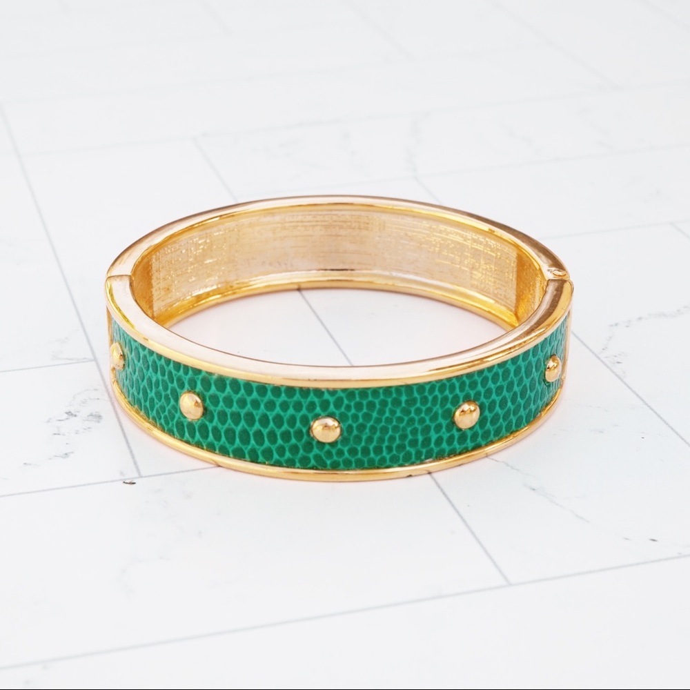 Green Leather Hinged Cuff Bracelet